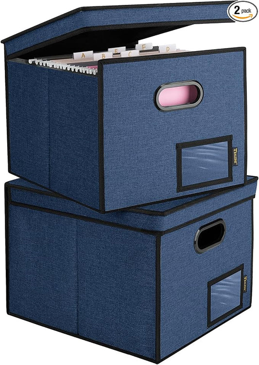 BALEINE File Organizer Box with Lid, Collapsible File Folder Organizer with Plastic Slide, Hanging File Folder Box for Office Document Storage (Tab Friendly, 2 Pack, Blue)