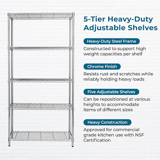 Honey-Can-Do 5-Tier Heavy Duty Adjustable Shelving Unit, 350-lb Per Shelf Metal Storage Rack, Chrome Wire Shelf for Garage Kitchen Basement Pantry, 36 x 16 x 72 in
