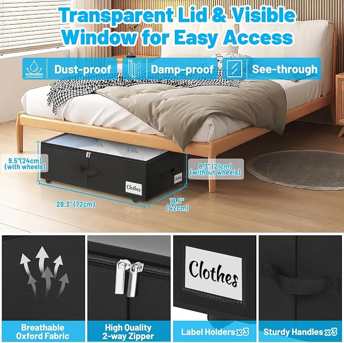 Under Bed Storage with Wheels, 2-Pack 10" Height XXL 75L Rolling Storage Bins, Quick Assembly Underbed Shoe Storage Containers with Clear Lid & Label, Dorm Under Bed Drawers for Clothes, Shoes, Grey