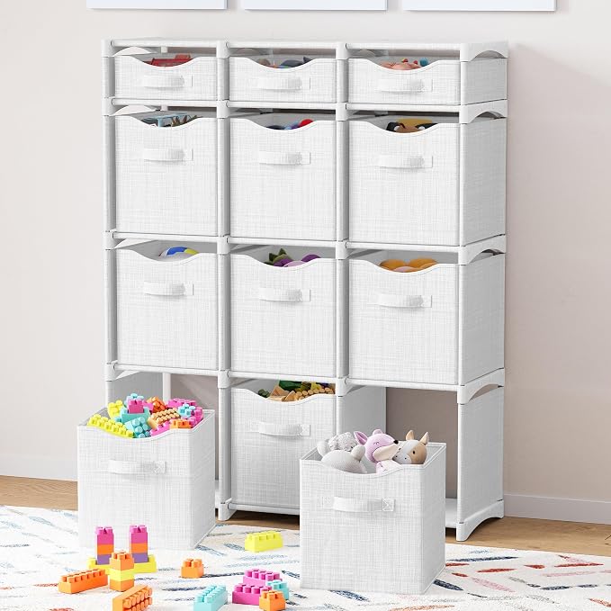 Cube Storage Organizer with Storage Bins Included - The Perfect Closet Organizers and Storage Solution. Includes 12 Storage Cubes, Great For Toy Storage, Closet Storage, Clothes Storage (White-Grey)