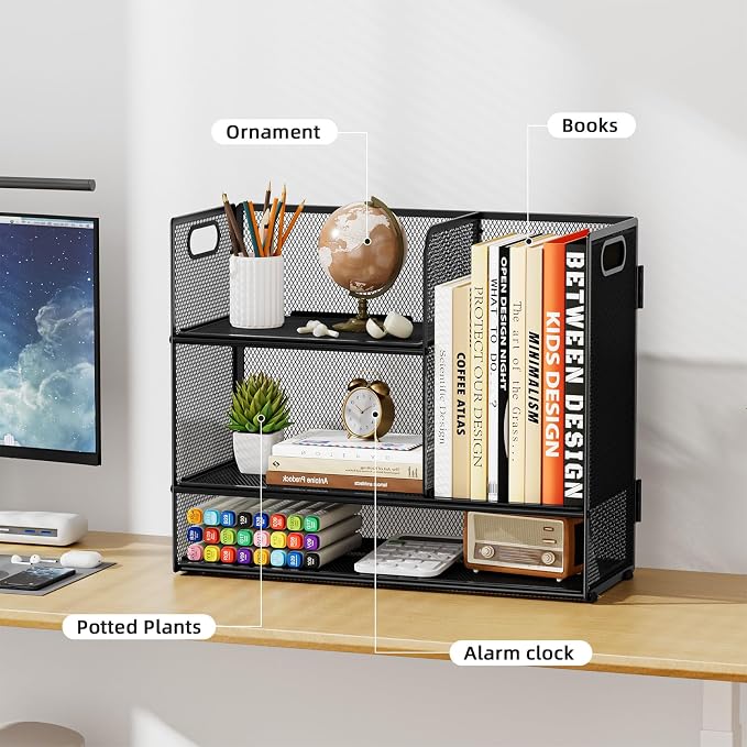 Marbrasse Desk Shelf Organizer with Handle, Bookshelf File Holder, Black | 3-Tier Desktop Mesh Display Shelf Organizer Storage Rack for Office, Home, Supplies, Kitchen