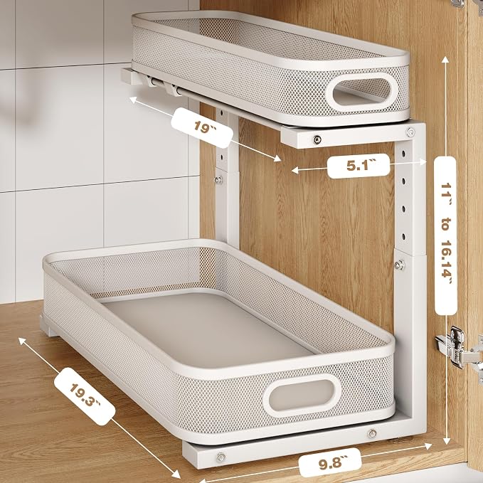 2 Pack 19.3IN-Depth Under Sink Organizer with Smooth Cylindrical Rail,2-Tier Pull Out Multi-Purpose Cabinet Storage for Bathroom&Kitchen,Height Adjustable,Rust-Resistant Coating-White