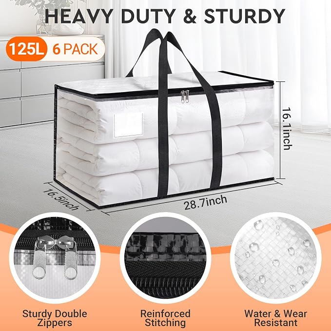 HomeHacks Large Moving Bags, Heavy Duty Clear Storage Bags, 6 Pack 125L | Large Capacity Waterproof moving bag with zipper and Handles, packing bags for moving, clothes, home organization, 33Gal