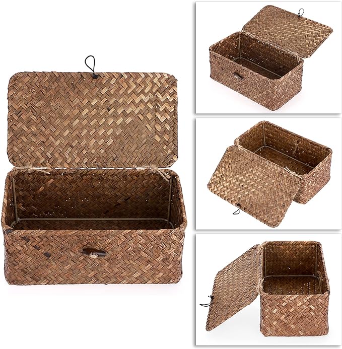 Sumnacon Small Wicker Basket with Lid,Tampon Holder for Bathroom,Coffee,XS | Natural Seagrass Female Product Organizer for Toiletries Pad Tampon Storage,Farmhouse Woven Baskets for Shelf, Toilet Tank