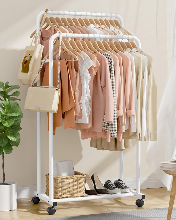 Sakugi Clothes Rack - Clothing Rack with Storage Mesh Shelf & Casters, Heavy-Duty Metal Clothing Rack for Hanging Clothes, Dresses, Coats, Large Load Capacity, Easy Assembly, White, 28.0"x16.0"x59.0"
