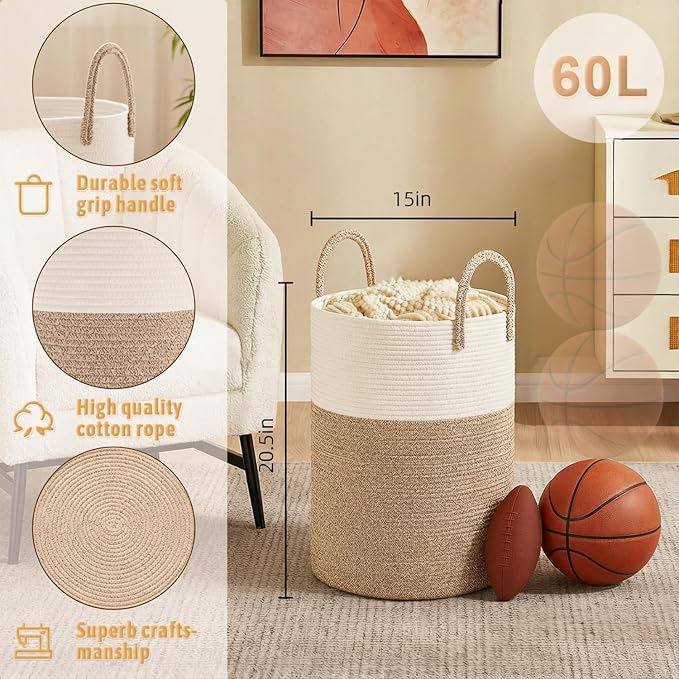 Artfeel Laundry Basket,Woven Cotton Rope Laundry Hamper,60L for Decor Storage of Dirty Clothes,Toys and Blankets in Bathroom,Baby Room and Living Room