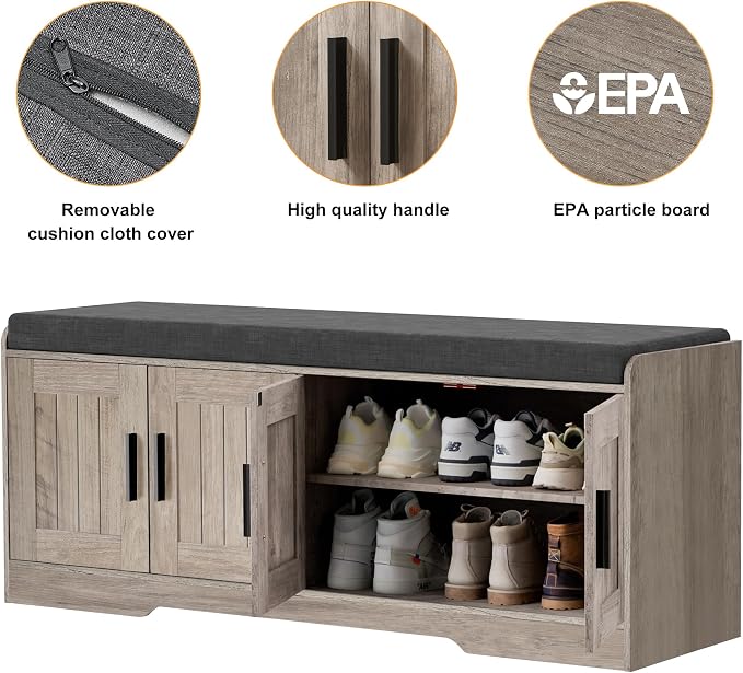 Homleke Shoe Storage Bench, 4 Doors & Thickened Padded Seat Cushion | 2-Tier Shoe Bench, Entryway Bench, Adjustable Shelf, 13.8" D x 45.3" W x 18.5" H, for Living Room, Bedroom, Greige