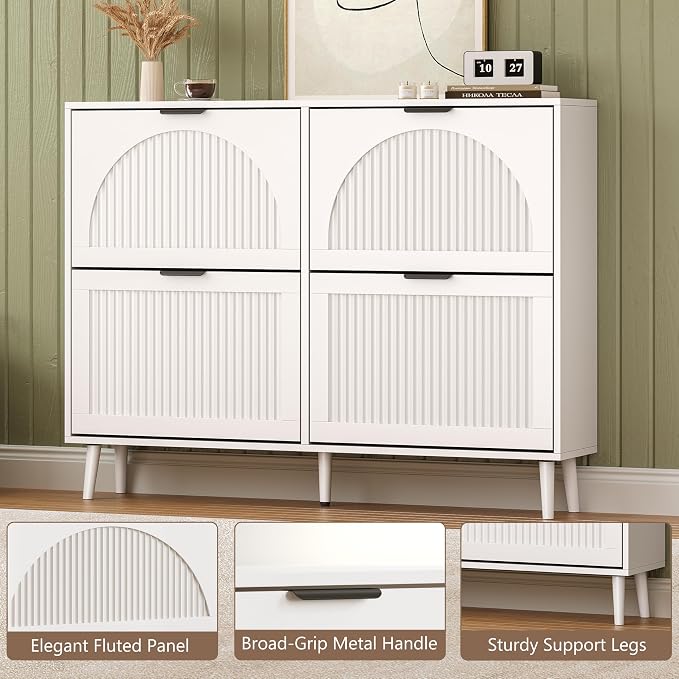 BORNOON Shoe Cabinet for Entryway with 4 Flip Drawers, Slim Wooden Shoe Storage Organizer with Modern Fluted Pannel，Freestanding Narrow Hidden Shoe Rack for Hallway, Foyer, Living Room