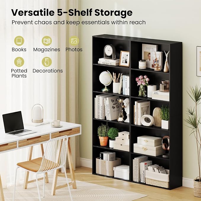 Giantex 5-Tier Bookshelf, Freestanding Bookcase with 5 Open Shelf, Modern Display Shelf, Storage Organizer for Living Room Bedroom Home Office, Black