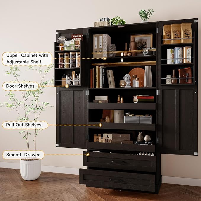 71" Tall Farmhouse Kitchen Pantry Cabinet with 3 Pull Out Shelves & 2 Large Drawers, Pantry Storage Cabinet with 6 Door Shelf & Adjustable Shelf, Freestanding Cupboard for Kitchen, Dining Room