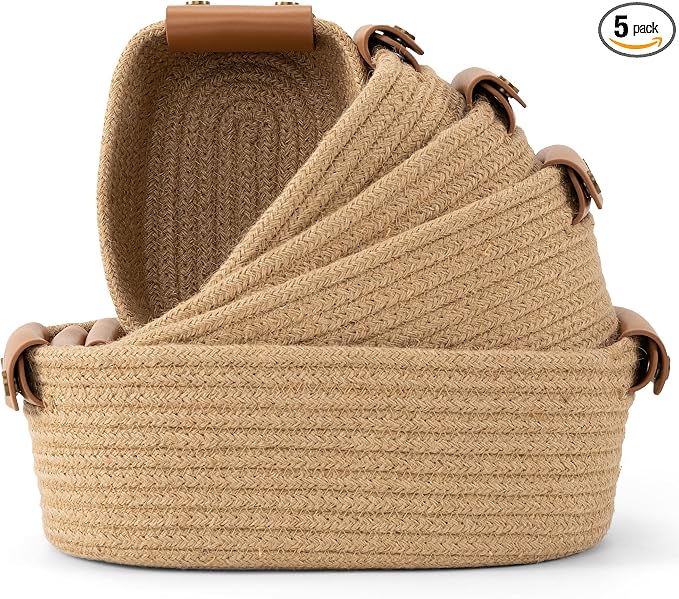 Beautiful Storage Basket Set of 5 - Sturdy Jute Rope Baskets for Shelves Are Perfect for Organizing Your Home - Quality Storage Bins Easily Fit With Any Nursery or Bedroom Decor