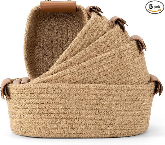 Beautiful Storage Basket Set of 5 - Sturdy Jute Rope Baskets for Shelves Are Perfect for Organizing Your Home - Quality Storage Bins Easily Fit With Any Nursery or Bedroom Decor