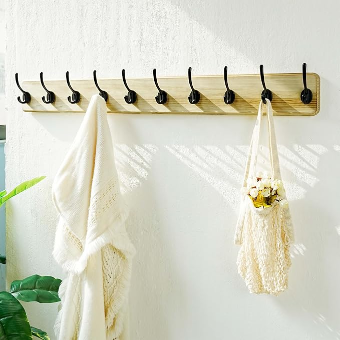 Coat Rack Wall: 38-1/4" Long, Patented, Heavy-Duty, 10-Double-Hooks Wooden Wall Mounted Coat Rack Coat Hanger Hook Rail for Winter Coats Hat Jacket Clothing, Light Brown