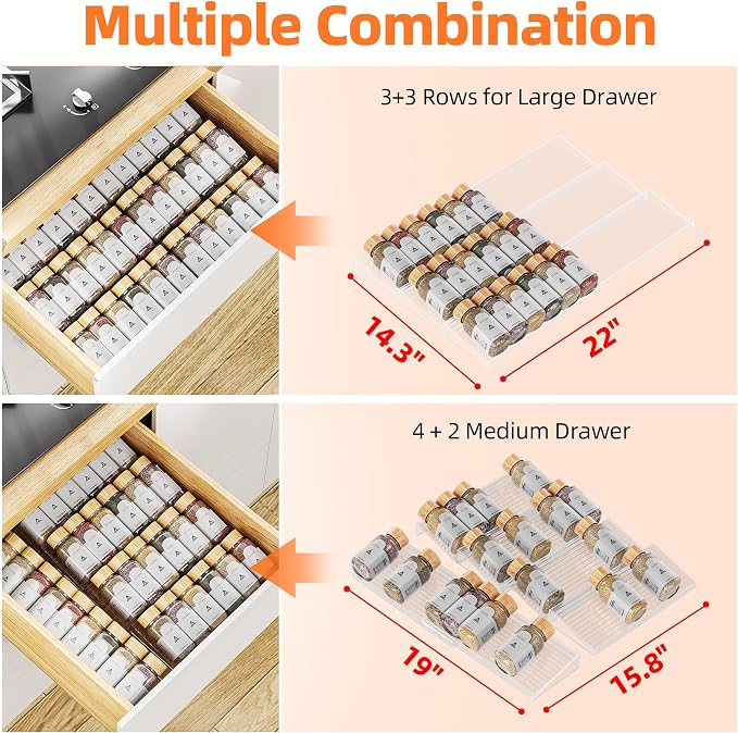 MUDEELA Clear Spice Drawer Organizer, 3 Tier- 2 Set (6 Packs) | Expandable From 11" to 22", (Jars not included), Kitchen Seasoning Organizers and Storage for Drawer