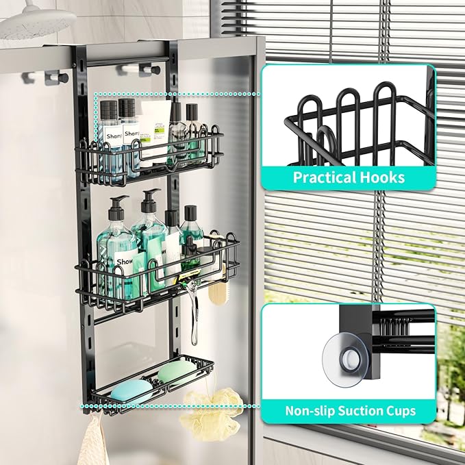 HapiRm 3 Tier Over the Door Shower Caddy, Hanging Shower Caddy with 16 Hooks and 2 Soap Holders, No Drilling Adjustable Hanging Bathroom Organizer - Black