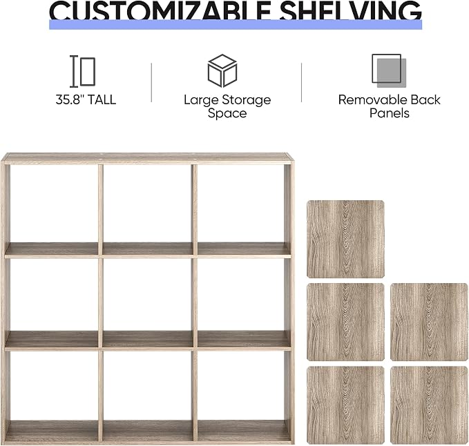 ZenStyle 9 Cube Storage Shelf Organizer, Wooden Bookshelf System Display Cube Shelves Compartments, Customizable W/ 5 Removable Back Panels (Natural)