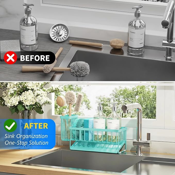 Cisily Kitchen Sink Caddy Organzier with High Brush Holder, Sponge Holder for Sink, 304 Rustproof Stainless, Kitchen Countertop Soap Dispenser Organizer (Turquoise, 9.25″)