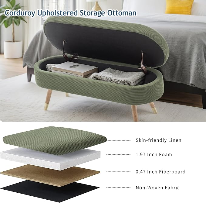 IAFIKE Oval Storage Bench 43.5" Ottoman Bench Upholstered Boucle Fabric Footrest Bench with Golden Metal Legs End of Bed for Bedroom, Living Room, Entryway,Bed Side (Dark Green)
