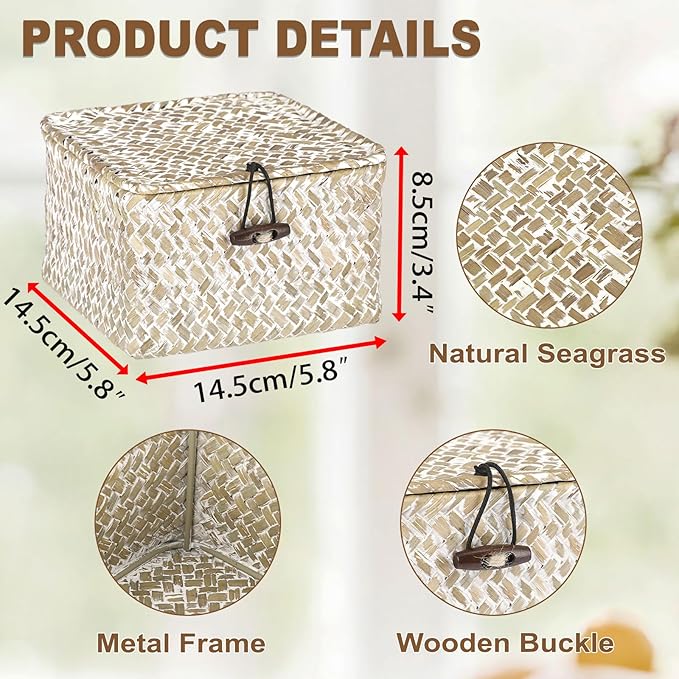 Hipiwe Wicker Shelf Baskets with Lid Woven Decorative Basket Bin, X-small | Handmade Natural Seagrass Storage Box, Household Organizer Bin for Shelf Bathroom Coffee Table Decor Organizer
