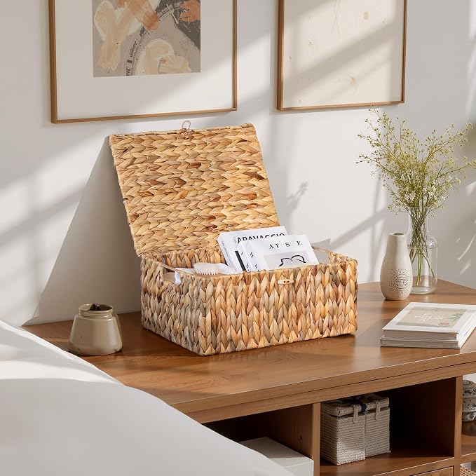 StorageWorks Extra Large Wicker Baskets with Lid for Organizing, Water Hyacinth Storage Baskets for Shelves, Decorative Box with Built-in Handles, Natural, 1 Pack
