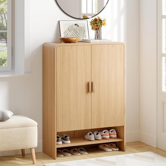 6-Tier Shoe Storage Cabinet, 45'' Large Farmhouse Shoe Cabinet for Entryway, Modern Wooden Shoe Rack Organizer with Doors and Shelves, for Front Door Hallway (Oak)