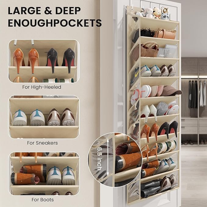 Mefirt 20-25 Pairs Over the Door Shoe Organizer, Clear Pockets Shoe Rack for Closet Door, 10-Tier Hanging Shoe Rack for Boots, Behind the Door Shoe Holder Fit All the Family's Sneakers, Heels, Beige