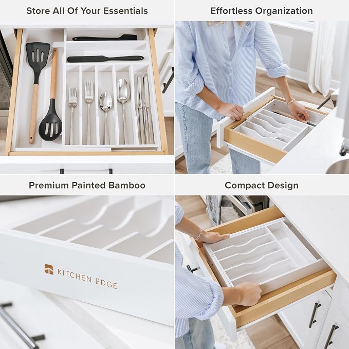 KitchenEdge Silverware & Utensil Drawer Organizer, 10.5-19 in, White Bamboo | Cutlery, flatware, food-safe contract grade, kitchen drawer fit