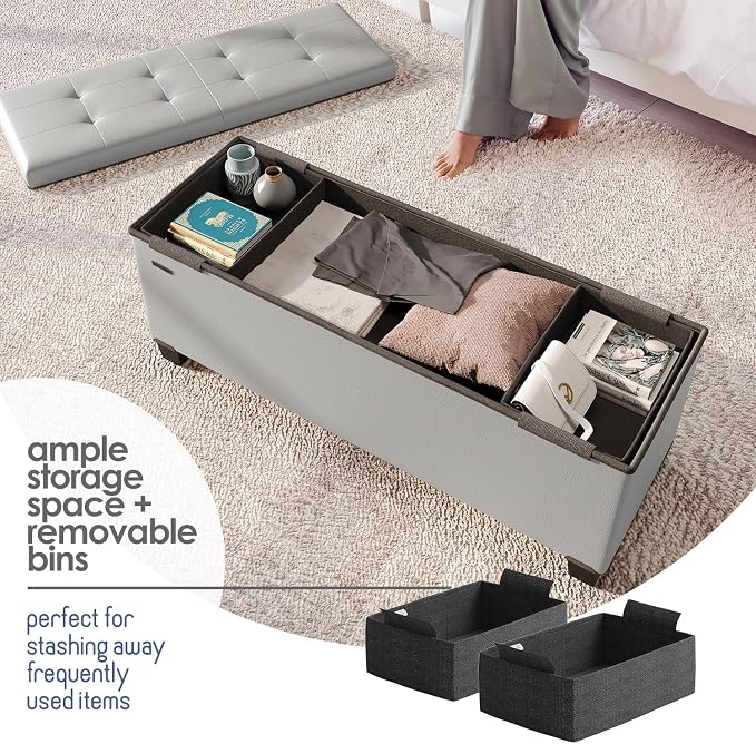 Storage Ottoman Bench with Bins, 43-in Storage Bench for Bedroom End of Bed, Folding Foot Rest Ottoman for Living Room Max 660lbs, Leather Ottomans, Light Grey