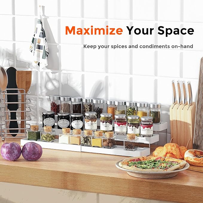 Expandable Spice Rack Organizer for Cabinet - 3 Tier Adjustable Cabinet Spice Organizer Easy Visibility - Spice Organizer for Cabinet Countertop Cupboard Pantry Organization (White)