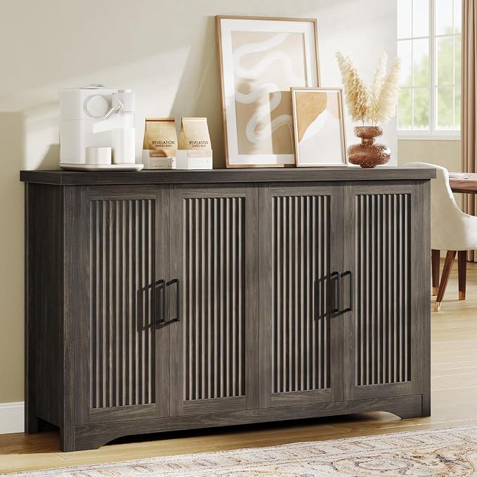 55" Fluted Sideboard Buffet Cabinet with Storage,Gray | Modern Credenza with 4 Doors & Adjustable Shelves,Coffee Bar Table Console for Dining Room Kitchen Living Room Entryway