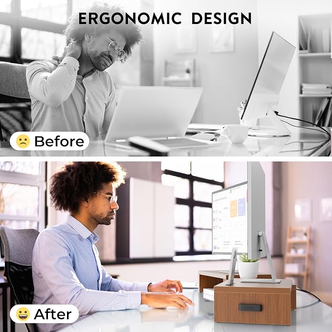 BONTEC Dual Monitor Stand Riser, Adjustable Length & Swivel Angle, Walnut | Ergonomic Wooden Desktop Organizer with Smartphone Holder, Computer Monitor Stand for PC, Laptop, Printer and Large Storage