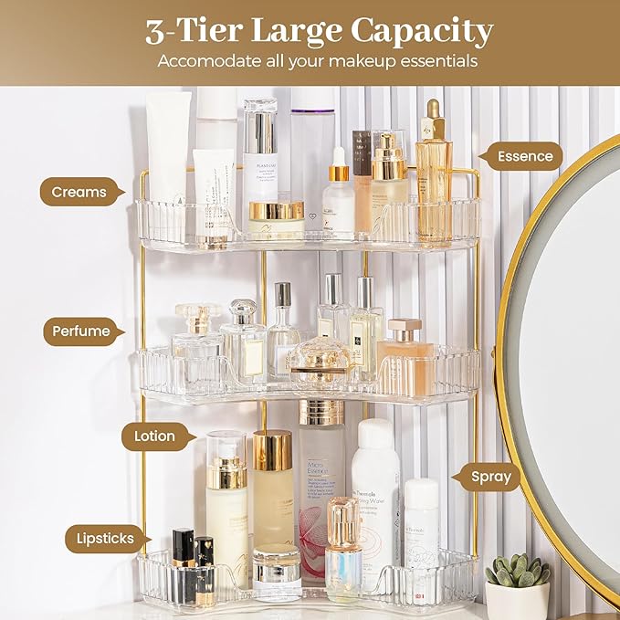 Aveniee Corner Bathroom Counter Organizer, Bathroom Countertop Shelf Makeup Storage, Clear Perfume Tray Holder (3 Tiers, White)