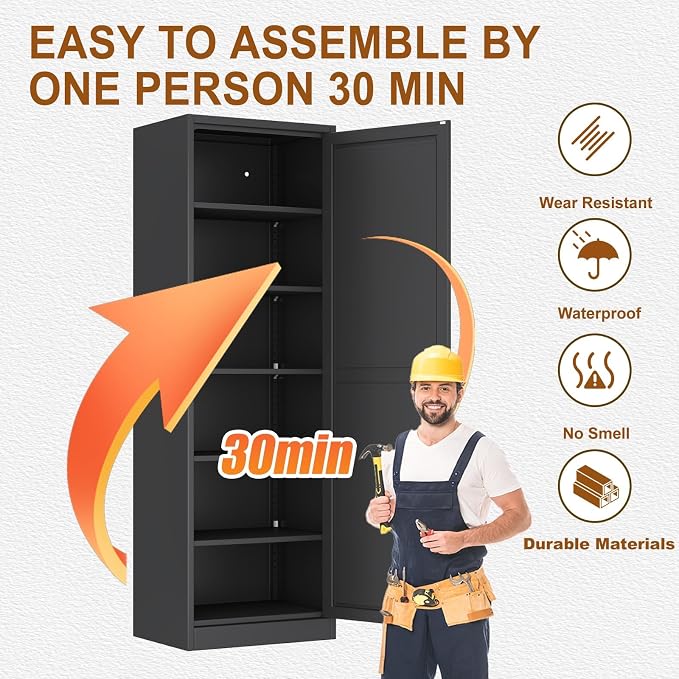 Tall Metal Narrow Bathroom Storage Locker Cabinet 67" H, Tall Black Pantry Cabinets with 5 Adjustable Shelves and Lockable Doors for Kitchen, Home Office, Living Room, Dining Room