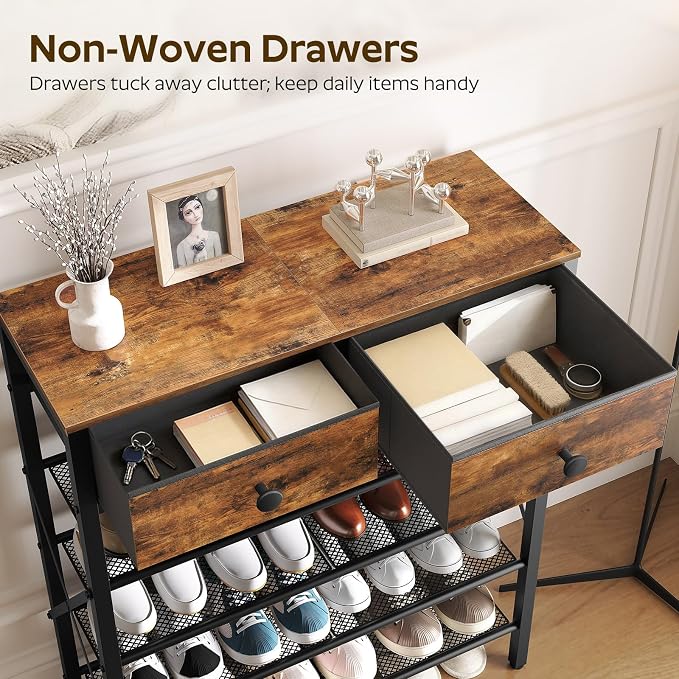 5 Tier Shoe Rack, Large Capacity Shoe Storage Organizer, Metal Shoe Shelf with Drawer and Wooden Top, for 20 Pairs of Shoes, for Entryway, Closet, Rustic Brown and Black SS25BRY1N1