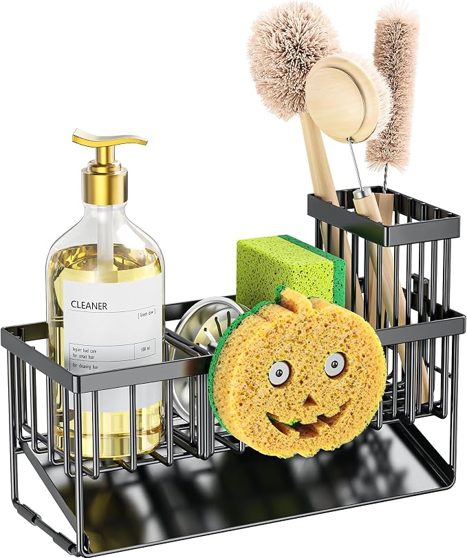 Cisily Kitchen Sink Caddy Organzier with High Brush Holder, Sponge Holder for Sink, 304 Rustproof Stainless, Kitchen Countertop Soap Dispenser Organizer (Black With Smiley Face Holder, 9.25″)