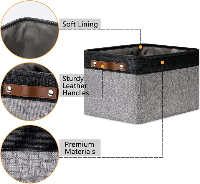 DULLEMELO Canvas Storage Bin with Handles, Fabric Bins for Shelves, Bedroom, Office,Nursery,Fabric Storage Baskets for Toys, Clothes,Gift(Black&Grey,L-15"x11"x9.5",4-Pack)
