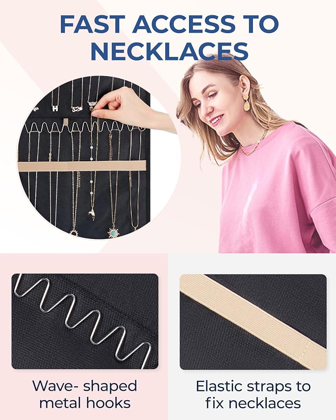 BAGSMART Hanging Necklaces Organizer Jewelry Holder, 1 piece, Large Black | Hanging Necklaces Organizer with Hanger Metal Hooks Double-Sided Jewelry Storage for ,Bracelets on Closet,Wall,Door