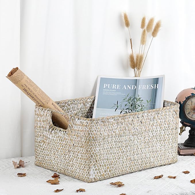 Hipiwe Seagrass Storage Basket Bin Rectangular Handwoven Wicker Storage Box with Handle Opened Baskets for Shelf Organizing Closet Bathroom, 13.3 x 9.8 x 6.7 Inch