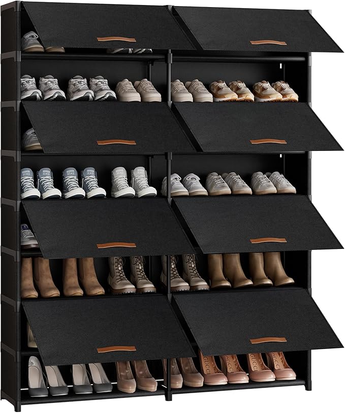 2 by 9 Tier Shoe Cabinet, 54-Pair Storage for Closet,Black | Max capacity for large families. Remove layer for boots. Split into 2 units. Door blocks dust & pets.