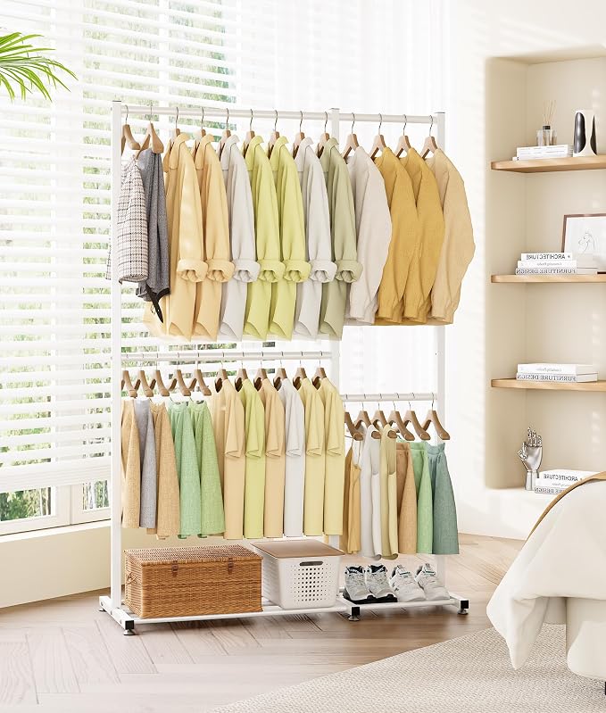 Clothes Rack, Clothing Racks for Hanging Clothes with 4 Hanging Sections, Double Rod Garment Rack with Storage Shelves for Bedroom Living Room 47.2" x 17.7" x 69.9", White
