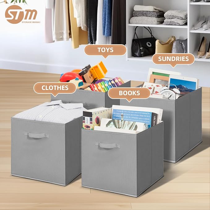 STORAGE MANIAC Storage Cubes, 13 Inch Collapsible Storage Bins with Handles, 10 Pack Fabric Foldable Bins for Organization, Durable Storage Bins for Closet, Shelves, Offices, 10-Pack Grey