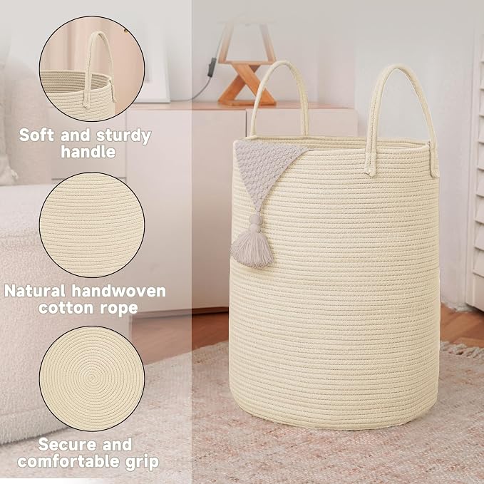 JMvicyroam 100L Cotton Rope Laundry Basket Hamper, Beige | Collapsible laundry basket, reinforced handles, freestanding, machine washable, holds 3-5 thick blankets, clothes or toys
