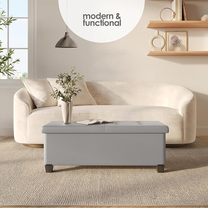 Storage Ottoman Bench with Bins, 43-in Storage Bench for Bedroom End of Bed, Folding Foot Rest Ottoman for Living Room Max 660lbs, Leather Ottomans, Light Grey