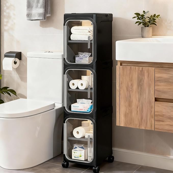 3-Tier Narrow Slim Bathroom Storage Cabinet with Wheels, Black | Tool Free Assembly, Adjustable Shelves, Fits for Narrow Spaces, Reinforced Stability, Magnetic Clear Door