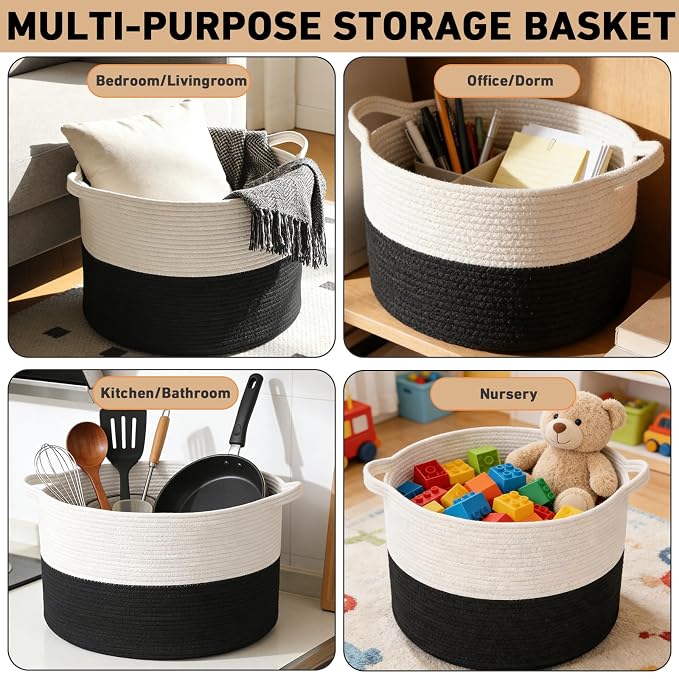 65L Large Blanket Basket,Woven Rope Laundry Basket-White&Black | Collapsible, reinforced handles, nursery storage bin organizes clothes, toys and pillows for living room, bedroom bathroom
