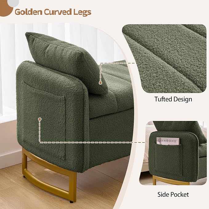 66'' King Size Storage Bench for Bedroom, Teddy Boucle End of Bed Benches for Foot of Bed, Storage Ottoman Bench with Golden Legs and Pockets for Living Room Window Entryway, Green