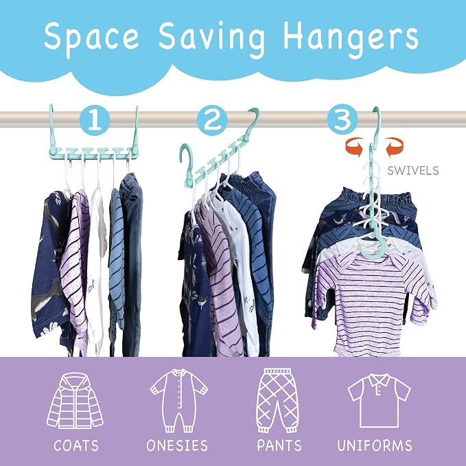Wonder Hanger Max 10-Pack Space Saving Hangers, Reinforced Hooks Swivels 360°, Cascading Hanger, Teens, College Dorms, Kids & Closet Organizer, Assembled – Pastel Blue