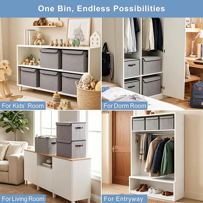 Bagnizer Large 22 Quart Linen Fabric Foldable Storage Bin Cube Organizer Basket with Flip-Top Lid & Handles, Clothes Blanket Box for Home, Office, Closet, Gray, 4 Pack 14.6 x 9.5 x 9.5”