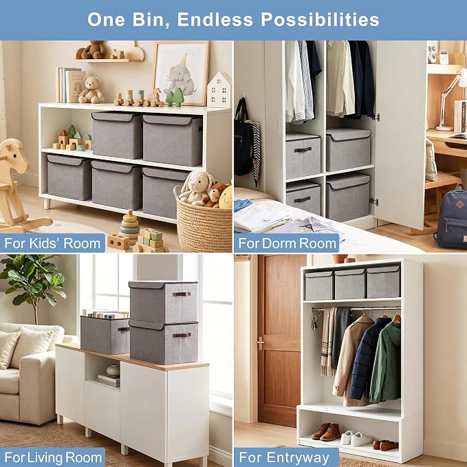 Bagnizer Large 17" 42 Quarts Collapsible Stackable Storage Bins with Lids [3-Pack] Foldable Fabric Linen Storage Boxes Cube, Closet Organizer Baskets with Label for Home (16.7 x 12 x 12, Gray)