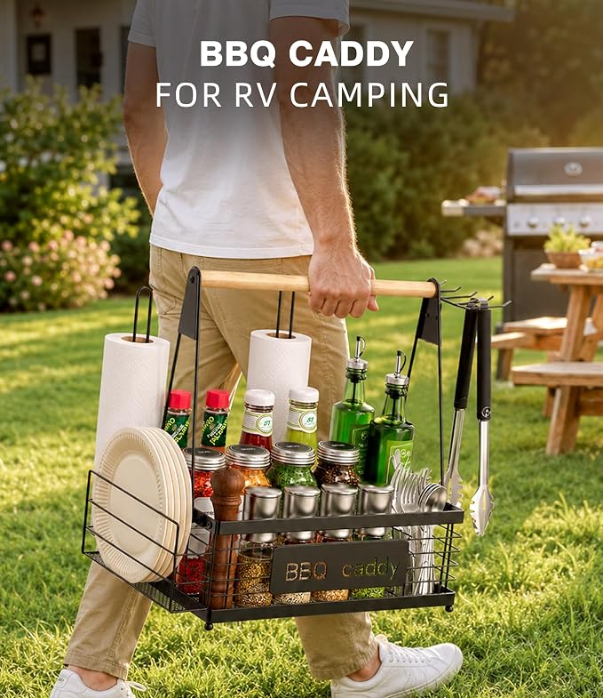 Grill Caddy BBQ Organizer for Grilling Tools & Supplies | paper towel & foil holder, fits 8" plates, removable wood handle, for camping, patio, Kitchen, Picnic, RV